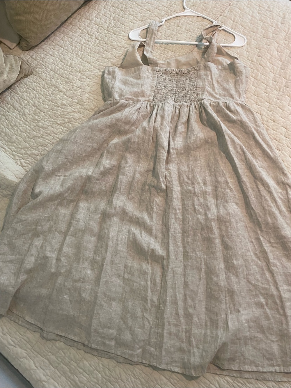 Quince Beige Linen Smocked Midi Dress with adjustable Straps